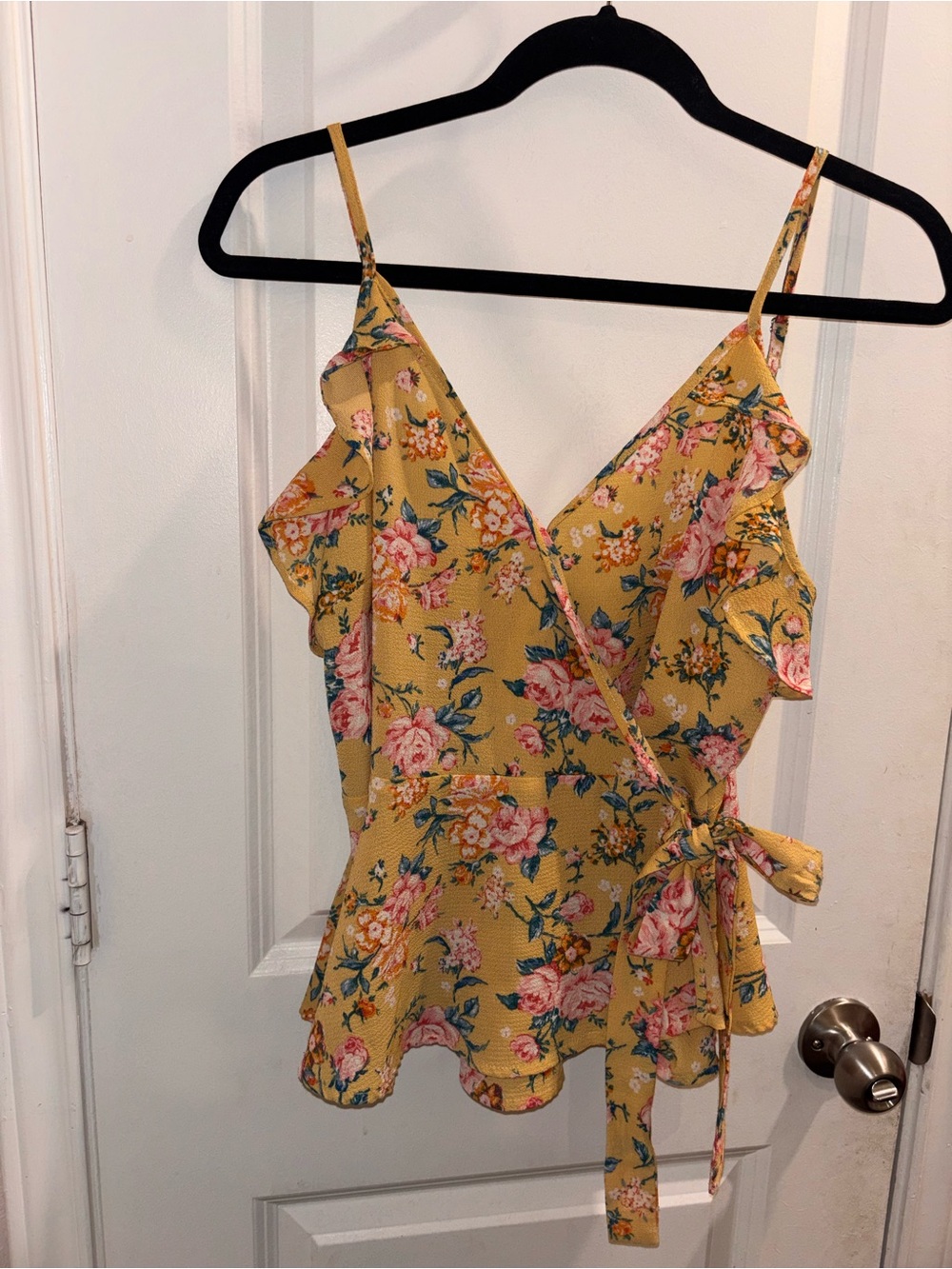 Active USA Floral Wrap Cami in Mustard Yellow with Pink Blooms